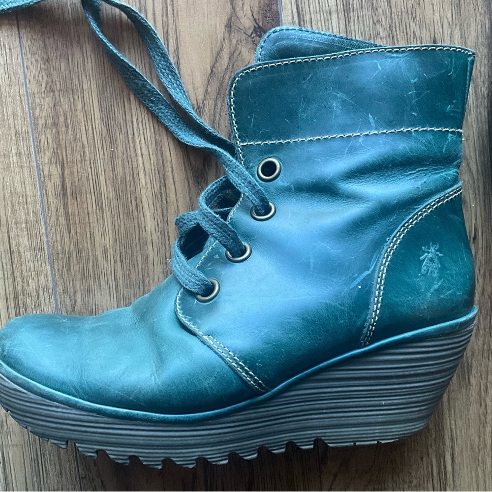 Fly London Teal Lace-Up Wedge Ankle Boots